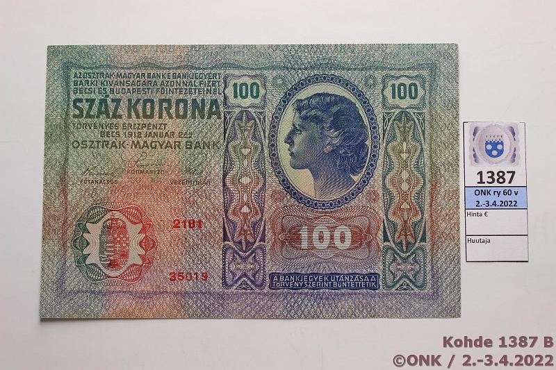 k-1387-b.jpg - Kohde 1387 (kuva 2/2), lhthinta: 25 € / myyntihinta: 25 € Itvalta 100 kr 12.1.1912 P#12 218135019, kunto: 9