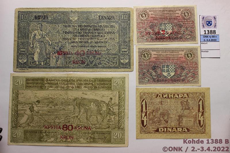 k-1388-b.jpg - Kohde 1388 (kuva 2/4), lhthinta: 45 € / myyntihinta: 45 € Jugoslavia (8) 1919-21 P#11-18 1/2 + 1 dinar; 25 para; 2,4,20,40 ja 80 kronen, kunto: 3-9