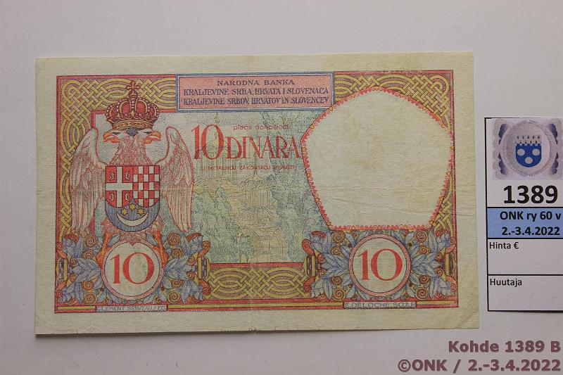 k-1389-b.jpg - Kohde 1389 (kuva 2/2), lhthinta: 35 € / myyntihinta: 35 € Jugoslavia 10 din 1926 P#25 X.1000 221, sil?, kunto: 5