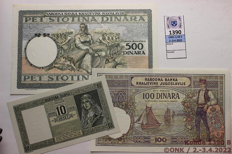 k-1390-b.jpg - Kohde 1390 (kuva 2/2), lhthinta: 65 € / ei tarjouksia Jugoslavia 10 - 500 din P#35, 27b, 32 10, 100 ja 500d, kunto: 9