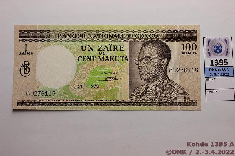 k-1395-a.jpg - Kohde 1395 (kuva 1/2), lhthinta: 45 € / myyntihinta: 45 € Kongon dem. tasavalta 100 makuta = 1 zaire 1970 P#12b BD276116, kunto: 9