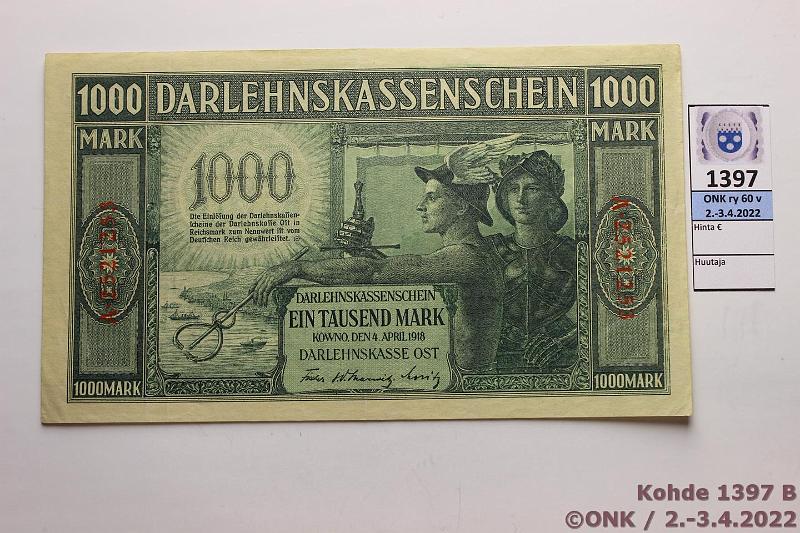 k-1397-b.jpg - Kohde 1397 (kuva 2/2), lhthinta: 15 € / myyntihinta: 52 € Kowno 1000 mk 1918 P#R134b Darlehnskassenchein, kunto: 5