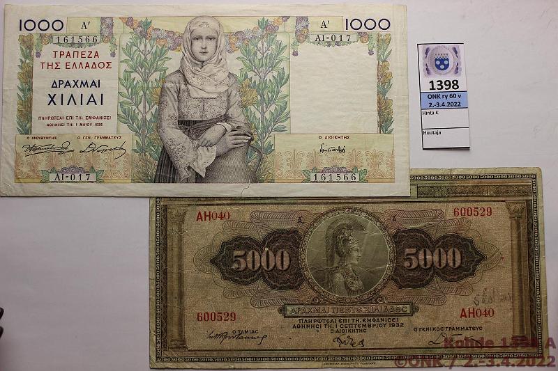 k-1398-a.jpg - Kohde 1398, lhthinta: 18 € / myyntihinta: 18 € Kreikka 5000 + 1000 dr 1.9.1932, 1.5.1936 P#103, 106 1000 dr ~1cm rep, kunto: 3, 4