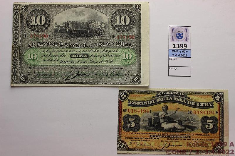 k-1399-a.jpg - Kohde 1399 (kuva 1/2), lhthinta: 20 € / ei tarjouksia Kuuba 5 + 10 pesos 1896 P#48, 49 5p reiki, kunto: 5, 6