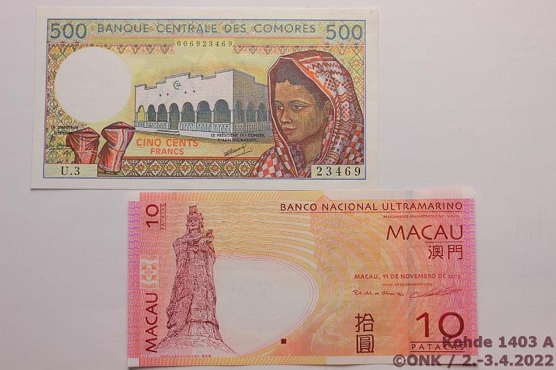 k-1403-a.jpg - Kohde 1403, lhthinta: 15 € / myyntihinta: 15 € Macao 1 patacas + Komorit 500 fr 2013, ND(1984-2004) P#108, 10, kunto: 9