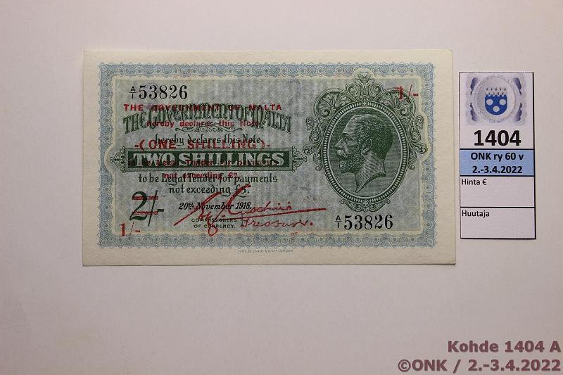 k-1404-a.jpg - Kohde 1404 (kuva 1/2), lhthinta: 150 € / ei tarjouksia Malta 1 sh ND(1940) P#15(9) A/1 53826, pllepainettu, kunto: 8