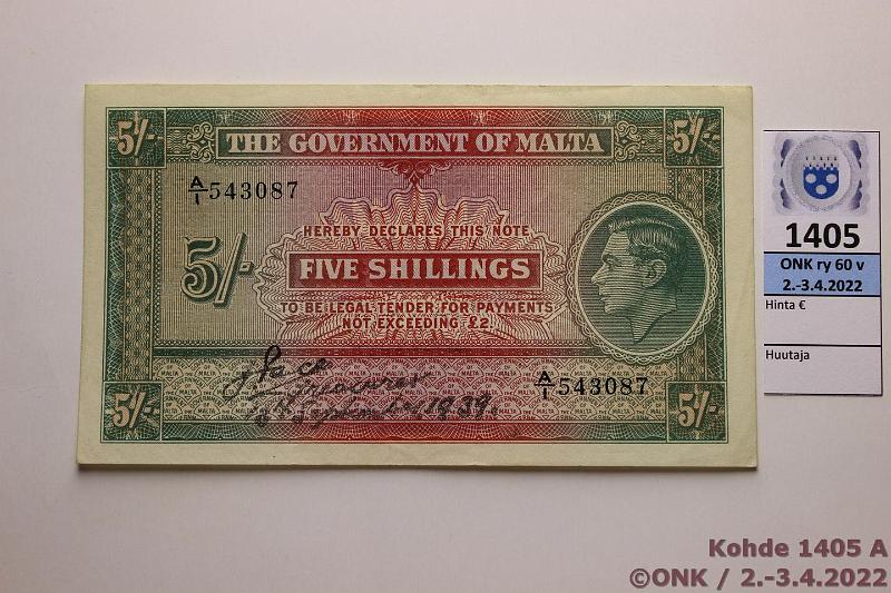 k-1405-a.jpg - Kohde 1405 (kuva 1/2), lhthinta: 135 € / ei tarjouksia Malta 5 sh 1939 P#12 A/1 543087, kunto: 6