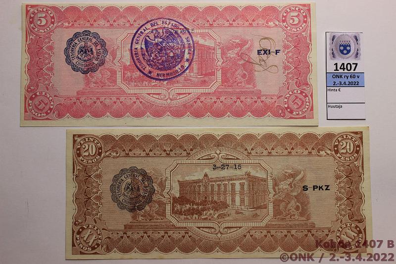 k-1407-b.jpg - Kohde 1407 (kuva 2/2), lhthinta: 5 € / myyntihinta: 12 € Meksiko, Chihuahua 5 ja 20 pesos 1915 P#S532, 537, kunto: 9