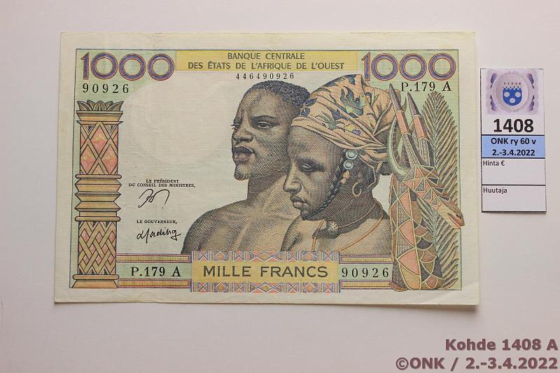k-1408-a.jpg - Kohde 1408 (kuva 1/2), lhthinta: 10 € / myyntihinta: 10 € Norsunluurannikko 1000 fr 1959-1977 P#A03, kunto: 4