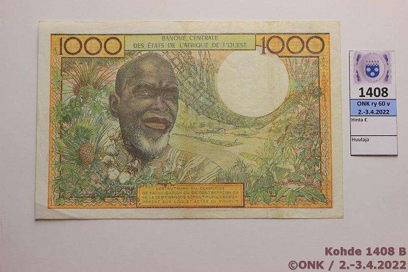 k-1408-b.jpg - Kohde 1408 (kuva 2/2), lhthinta: 10 € / myyntihinta: 10 € Norsunluurannikko 1000 fr 1959-1977 P#A03, kunto: 4
