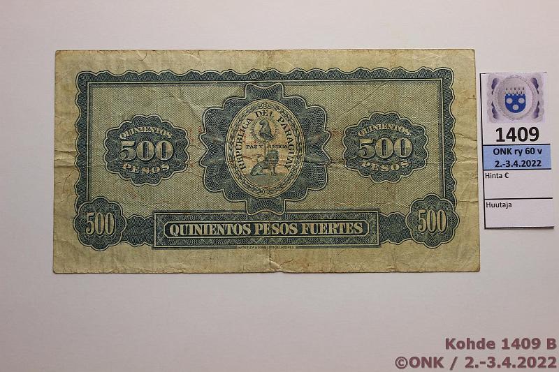 k-1409-b.jpg - Kohde 1409 (kuva 2/2), lhthinta: 60 € / myyntihinta: 115 € Paraguay 5 guaranies 1943 P#174 Pllepainettu 500 pesos setelin plle, harvinainen!, kunto: 3