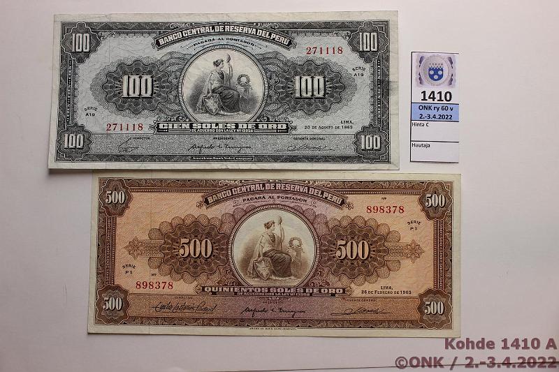 k-1410-a.jpg - Kohde 1410 (kuva 1/2), lhthinta: 40 € / ei tarjouksia Peru 100 + 500 soles 1965 P#65, 66, kunto: 4, 8