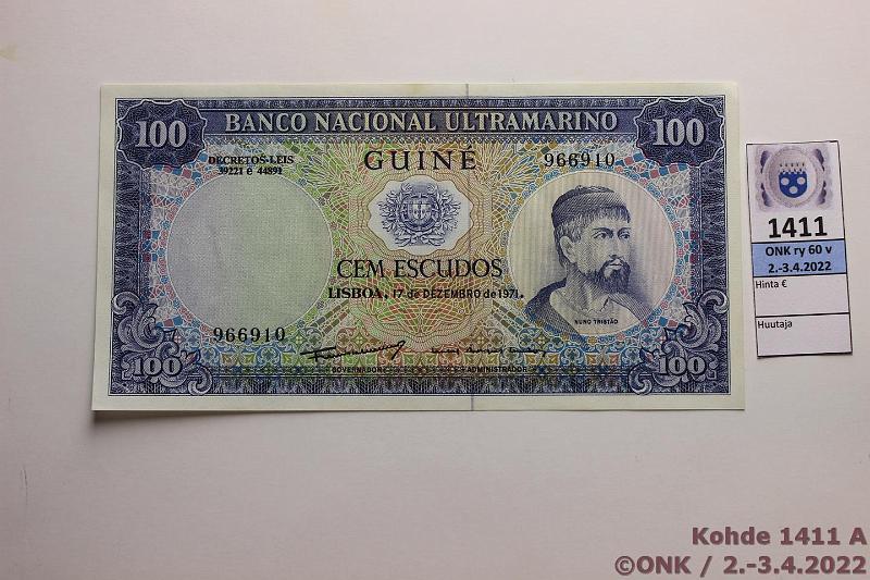k-1411-a.jpg - Kohde 1411 (kuva 1/2), lhthinta: 10 € / myyntihinta: 14 € Portugalin Guinea 100 esc 1971 P#45, kunto: 9