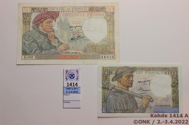 k-1414-a.jpg - Kohde 1414 (kuva 1/2), lhthinta: 40 € / ei tarjouksia Ranska 10 + 50 fr 1947, -41 P#99, 93 10f niitinreit, kunto: 7, 6