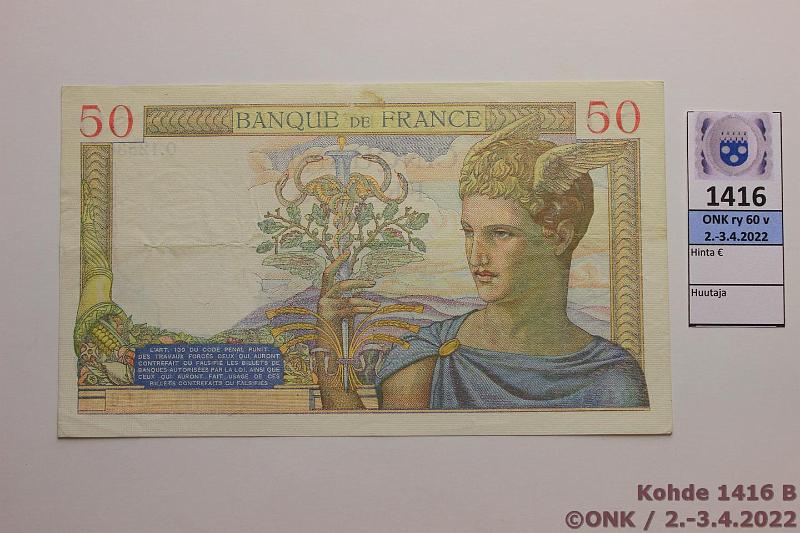 k-1416-b.jpg - Kohde 1416 (kuva 2/2), lhthinta: 40 € / ei tarjouksia Ranska 50 fr 1940 P#85b 313388816, kunto: 5