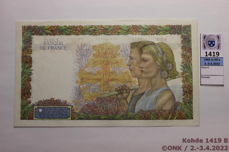 k-1419-b.jpg - Kohde 1419 (kuva 2/4), lhthinta: 65 € / myyntihinta: 65 € Ranska 500 + 1000 fr 1942, -40 P95b, 96a 500f 3x3mm lvistys; 1000f 4 niitinreik, lainetta, kunto: 8, 7