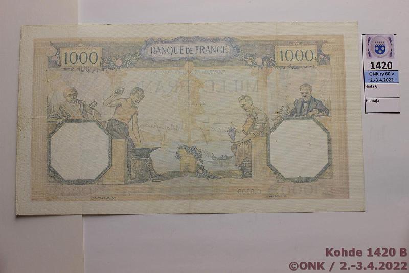 k-1420-b.jpg - Kohde 1420 (kuva 2/4), lhthinta: 40 € / ei tarjouksia Ranska 1000 fr (2) 1940, -42 P#90, 102 1940 sil, molemmissa niitinreiki, kunto: 5, 8
