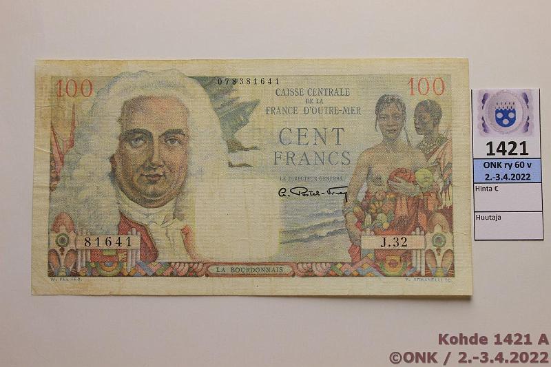 k-1421-a.jpg - Kohde 1421 (kuva 1/2), lhthinta: 20 € / myyntihinta: 42 € Ranska Pivntasaajan Afrikka 100 fr 1947 P#24 Sil, prep, tahroja, kunto: 4