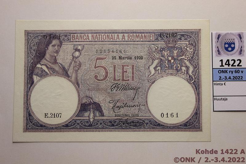 k-1422-a.jpg - Kohde 1422 (kuva 1/2), lähtöhinta: 30 € / myyntihinta: 40 € Romania 5 lei 1920 P#19a E.2107 0161, pieniä painaumia, kunto: 9