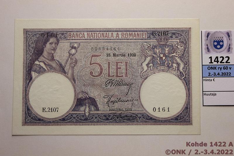 k-1422-a.jpg - Kohde 1422 (kuva 1/2), l�ht�hinta: 30 &euro; / myyntihinta: 40 &euro; Romania 5 lei 1920 P#19a E.2107 0161, pieni� painaumia, kunto: 9