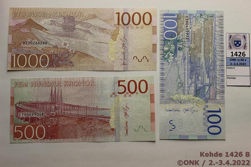 k-1426-b.jpg - Kohde 1426 (kuva 2/4), lhthinta: 190 € / myyntihinta: 205 € Ruotsi 20 - 1000 kr (6) ND (2014-15) P#69-74 Koko sarja: 20, 50, 200 ja 1000k 2014 (B-sarja); 100 ja 500k -15 (C-sarja). Yht. 1870kr, vaikea sarja nykyisin, kunto: 9