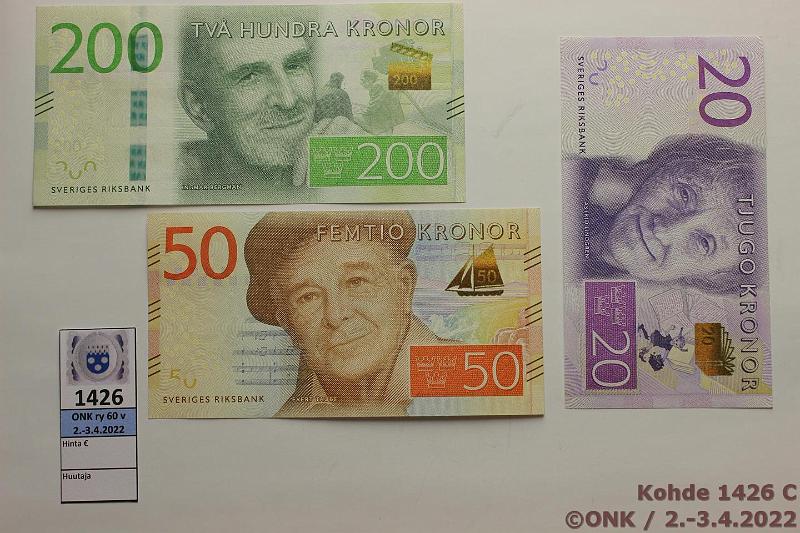 k-1426-c.jpg - Kohde 1426 (kuva 3/4), lhthinta: 190 € / myyntihinta: 205 € Ruotsi 20 - 1000 kr (6) ND (2014-15) P#69-74 Koko sarja: 20, 50, 200 ja 1000k 2014 (B-sarja); 100 ja 500k -15 (C-sarja). Yht. 1870kr, vaikea sarja nykyisin, kunto: 9