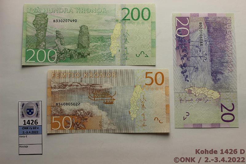 k-1426-d.jpg - Kohde 1426 (kuva 4/4), lhthinta: 190 € / myyntihinta: 205 € Ruotsi 20 - 1000 kr (6) ND (2014-15) P#69-74 Koko sarja: 20, 50, 200 ja 1000k 2014 (B-sarja); 100 ja 500k -15 (C-sarja). Yht. 1870kr, vaikea sarja nykyisin, kunto: 9
