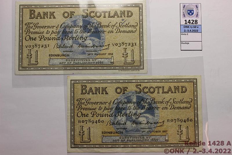 k-1428-a.jpg - Kohde 1428 (kuva 1/2), lähtöhinta: 15 € / myyntihinta: 16 € Skotlanti 1 £ (2) 1957, -58 P#100 Bank of Scotland, sil, kunto: 4