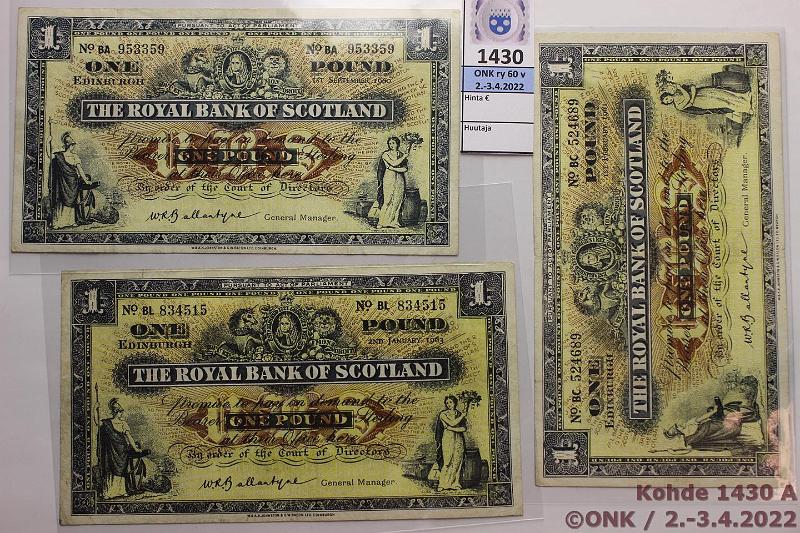 k-1430-a.jpg - Kohde 1430 (kuva 1/2), lhthinta: 35 € / myyntihinta: 35 € Skotlanti 1  (3) 1960-63 P#324 The Royal Bank of Scotland 1 1960(sil), -61(sil, rv), -63(sil, prep), kunto: 4-5