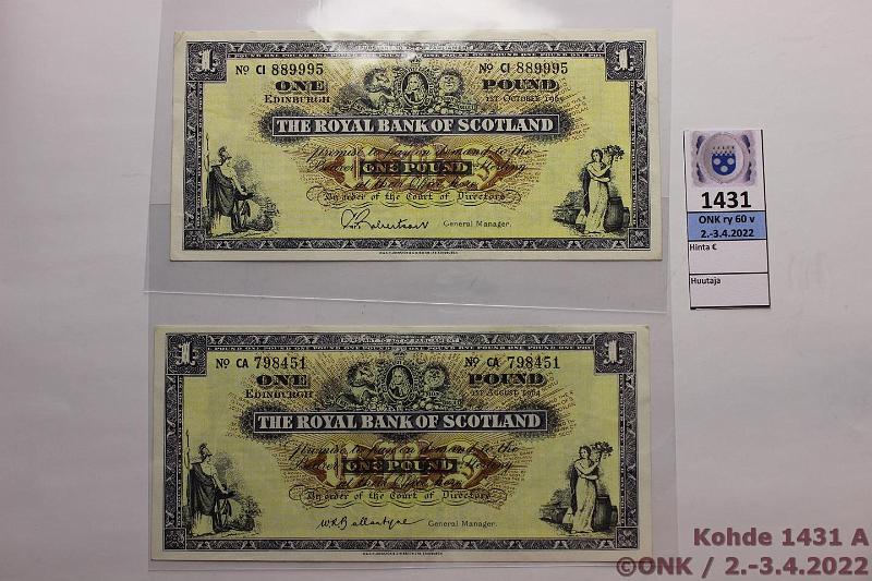 k-1431-a.jpg - Kohde 1431 (kuva 1/2), lhthinta: 35 € / myyntihinta: 35 € Skotlanti 1  (2) 1964, -65 P#325 The Royal Bank of Scotland 1 P#325, kunto: 6, 5