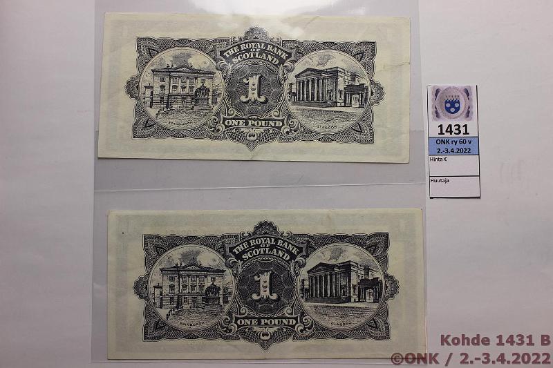 k-1431-b.jpg - Kohde 1431 (kuva 2/2), lhthinta: 35 € / myyntihinta: 35 € Skotlanti 1  (2) 1964, -65 P#325 The Royal Bank of Scotland 1 P#325, kunto: 6, 5