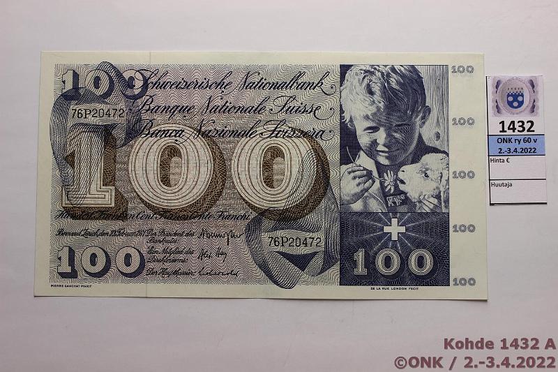 k-1432-a.jpg - Kohde 1432 (kuva 1/2), lhthinta: 50 € / ei tarjouksia Sveitsi 100 fr 1971 P#14 Hyv kunto, kunto: 8