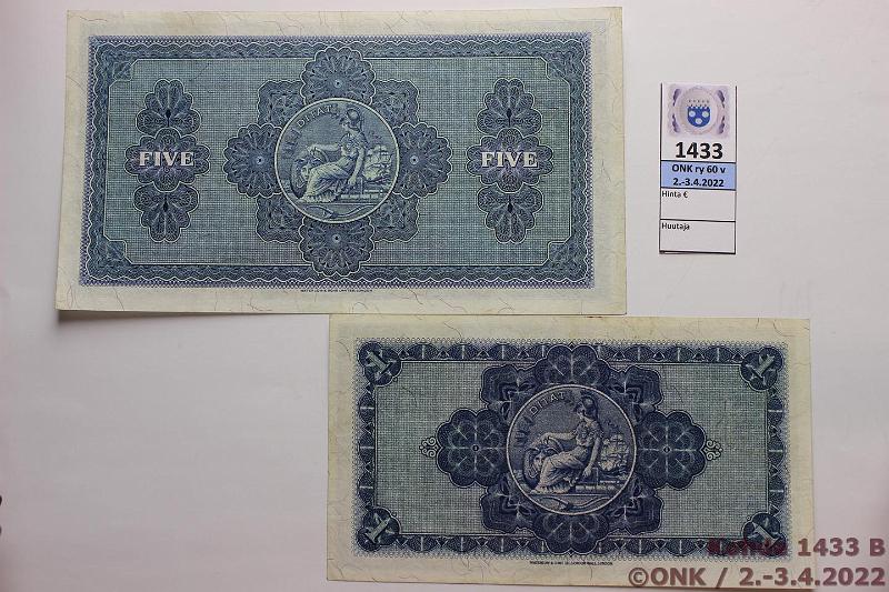 k-1433-b.jpg - Kohde 1433 (kuva 2/2), lhthinta: 75 € / myyntihinta: 75 € Skotlanti 1 + 5  1960, -59 P#157e, 161b Molemmat British Linen Bank 1p pintaeloa, 5p sil, kunto: 8, 5