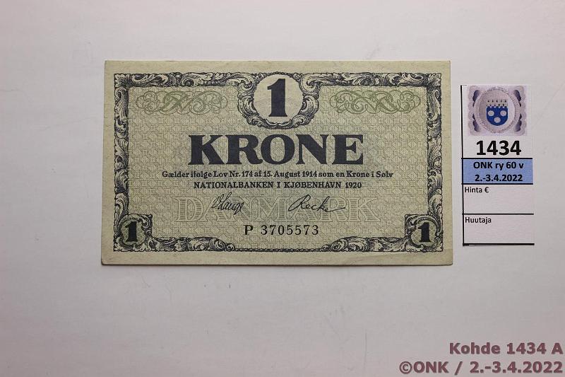 k-1434-a.jpg - Kohde 1434 (kuva 1/2), lhthinta: 22 € / myyntihinta: 22 € Tanska 1 kr 1920 P#12e P 3705573, ei lpi setelin taitetta, kunto: 8