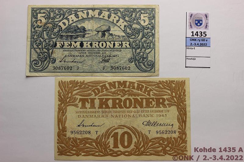k-1435-a.jpg - Kohde 1435 (kuva 1/2), lhthinta: 15 € / myyntihinta: 15 € Tanska 5 + 10 kr 1942, -43 P#31n, 30f 5k 1942; 10k -43, kunto: 8, 4
