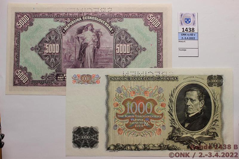 k-1438-b.jpg - Kohde 1438 (kuva 2/2), lhthinta: 40 € / myyntihinta: 57 € Tekkoslovakia 5000 + 1000 kr 1920, -34 P#19s, 26s Molemmissa SPECIMEN-lvistys, kunto: 8