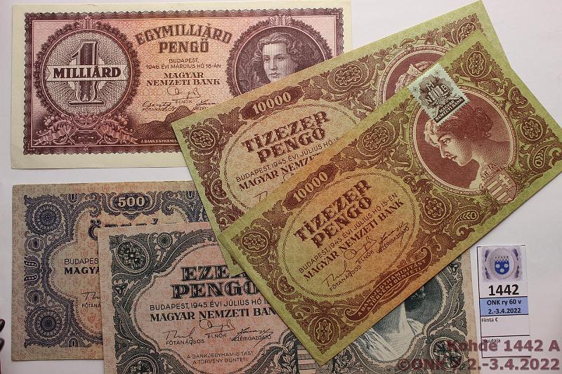 k-1442-a.jpg - Kohde 1442 (kuva 1/2), lhthinta: 40 € / myyntihinta: 40 € Unkari 500 - 1 000 000 000 pengo (9) 1945-46 P#117-119a, c, 121-125 Kaikki erilaisia, kunto: 6-9