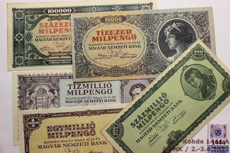 k-1444-a.jpg - Kohde 1444, lhthinta: 20 € / myyntihinta: 20 € Unkari 10 000 - 100 000 000 milpengo (5) 1946 P#126-130 Kaikki erilaisia, kunto: 8-9