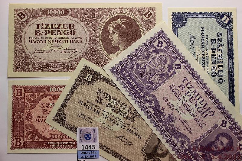 k-1445-a.jpg - Kohde 1445, lhthinta: 30 € / myyntihinta: 32 € Unkari 10 000 - 1 000 000 000 b.-pengo (5) 1946 P#132-136 Kaikki erilaisia, kunto: 8-9
