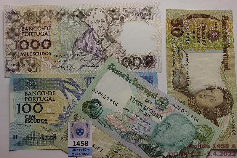 k-1458-a.jpg - Kohde 1458, lhthinta: 5 € / myyntihinta: 10 € Portugali 20 - 1000 esc (5) 1964-93 20e P#167, P#176, 50e P#174, 100e P#179, 1000e P#181, kunto: 4-8