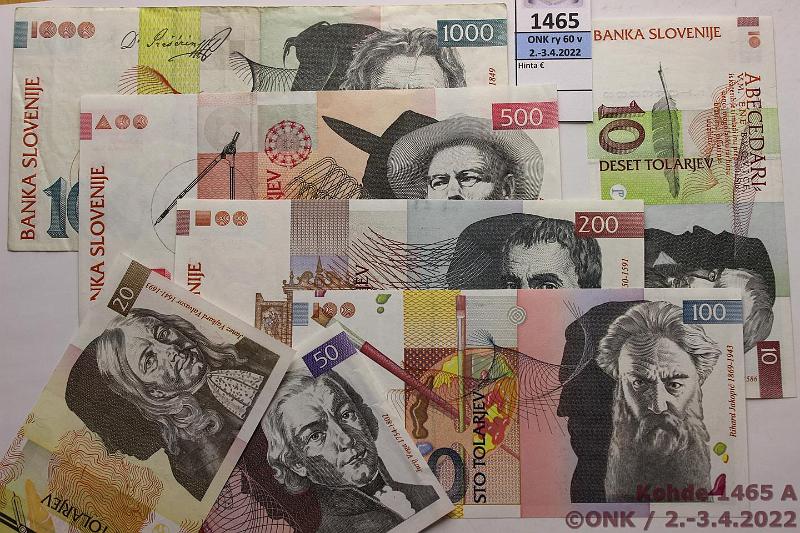 k-1465-a.jpg - Kohde 1465, lhthinta: 5 € / myyntihinta: 9 € Slovenia 10-1000 tolar (7) 1992-2003 10t P#11, 20t P#12, 50t P#13, 100t P#14a(kl9), 200t P#15, 500t P#16, 1000t P#32a, kunto: 4-9