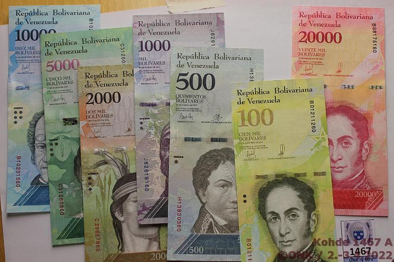 k-1467-a.jpg - Kohde 1467, lhthinta: 5 € / myyntihinta: 15 € Venezuela 100 - 10 000 bolivares (7) 2016-17 100, 500, 1000, 2000 (v. -16), 5000, 10000 ja 2000b, kunto: 9