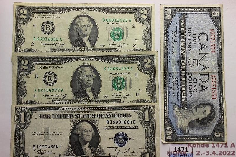k-1471-a.jpg - Kohde 1471, lhthinta: 5 € / myyntihinta: 11 € Er (4) 1935-76 USA 1$ -35; 2$ -76(2); Kanada 5$ -54, kunto: 4