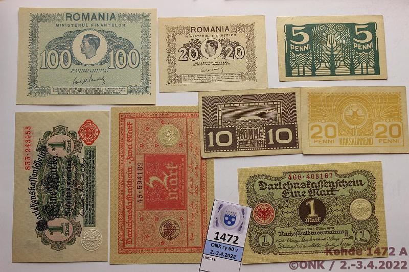 k-1472-a.jpg - Kohde 1472, lhthinta: 10 € / myyntihinta: 17 € Er (8) 1919-45 Eesti 5, 10 ja 20p 1919; Romania 20 ja 100lei -45; Saksa 1mk -14; Weimar 1 ja 2mk -20, kunto: 6-9