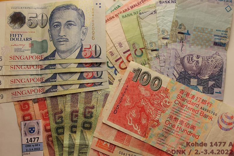 k-1477-a.jpg - Kohde 1477, lhthinta: 7 € / myyntihinta: 140 € Er (25) 1998-2004 Malesia 1(5)+50rm 1998, 5+10rm(3) 2004; Hong Kong 20$ -02, 100$(4, 3 eril.) 1999-2003; Singapore 50$(4) -99; Thaimaa 20b(4) 2003, 100b(2) -04, kunto: 2-5