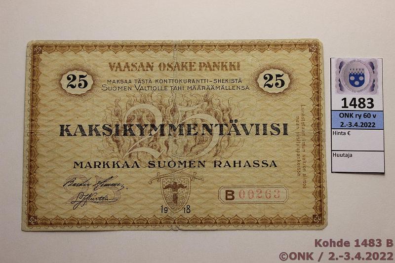 k-1483-b.jpg - Kohde 1483 (kuva 2/2), lhthinta: 75 € / myyntihinta: 120 € 25 mk 1918 VOP SNY 212.5 C40944 Hemmer-Kurtn, 3 x 2-3 mm rep, p.keskireik, niitinreit, kunto: 4