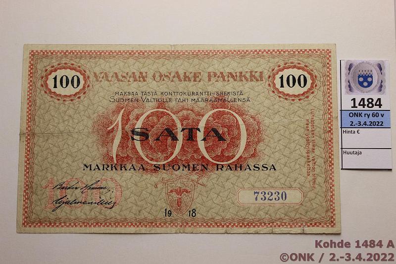k-1484-a.jpg - Kohde 1484 (kuva 1/2), lhthinta: 200 € / myyntihinta: 260 € 100 mk 1918 VOP SNY 213.1 73230, liimakorjaus, kunto: 3