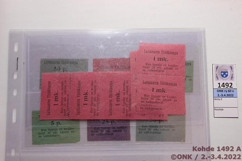 k-1492-a.jpg - Kohde 1492 (kuva 1/2), lhthinta: 10 € / ei tarjouksia 5 p - 5 mk (59) Vaihtolipukkeet Laitasaaren Yhtikauppa 5p, 25p(6), 50p(27), 1mk (15), 5mk(10), kunto: 8-9