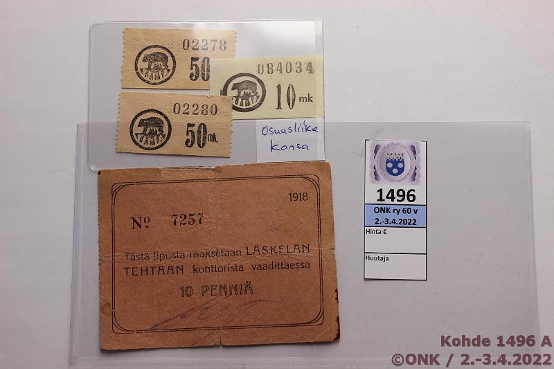 k-1496-a.jpg - Kohde 1496, lhthinta: 15 € / myyntihinta: 32 € 10 p - 50 mk (4) 1918 Pasanen#106, 129, Lskeln Tehdas 10p 1918 n:o 7257 prep (kl3); Osuusliikkeen Kansa 10mk ja 50mk(2), kunto: 3-8