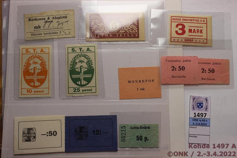 k-1497-a.jpg - Kohde 1497 (kuva 1/2), lhthinta: 10 € / myyntihinta: 10 € 10 p - 5000 mk (16) Lipukkeet Vammalan juhlat 2:50(2); Borg ngfartygs A-B 3mark; Korhonen & Alapirtti hyvityskuitti 11:75, Poikien keskuksen kerys 5mk; S.T.A. AB Sommararna 10 ja 25p; Monrepos 1mk; Lotta-Svrd 50p, -:50 ja 12:- merkit; Liljeberg tymaan konttori 30 pahvilipuke; Meijerin Baari limonaadipullovakuus mk 50; Nseqvarn-ruukki Hektolit. Maltkross 2:50; Osuusliike Savo 20 ja 5000mk, kunto: 4-9